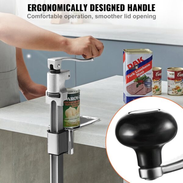 person using VEVOR commercial can opener with ergonomic handle; canned food on countertop.