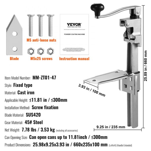 VEVOR commercial can opener, cast iron, fixed type, with screws, blade, and instruction manual.