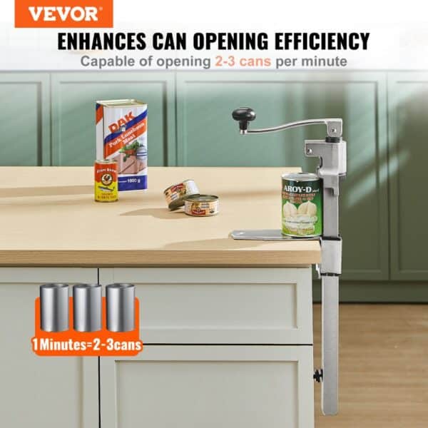 VEVOR manual can opener mounted on countertop with cans, showcasing efficiency in opening 2-3 cans per minute.