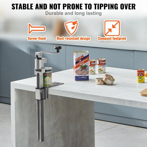 VEVOR manual can opener screw-fixed to counter, rust-resistant design, compact footprint, various cans.