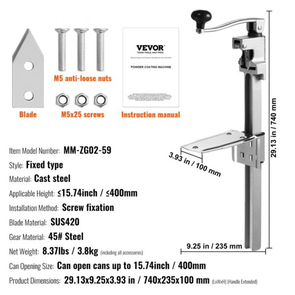 VEVOR manual can opener with cast steel construction, screw fixation, and adjustable height.