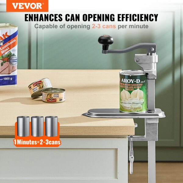 VEVOR commercial can opener on a counter, opening a can beside several opened cans.