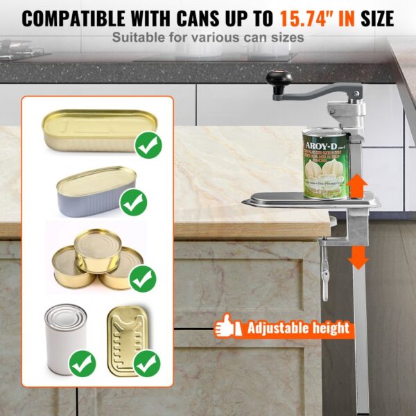 VEVOR commercial can opener with adjustable height, compatible with cans up to 15.74 inches.