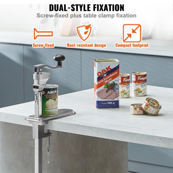 VEVOR commercial can opener with dual-style fixation on a countertop next to various canned food.