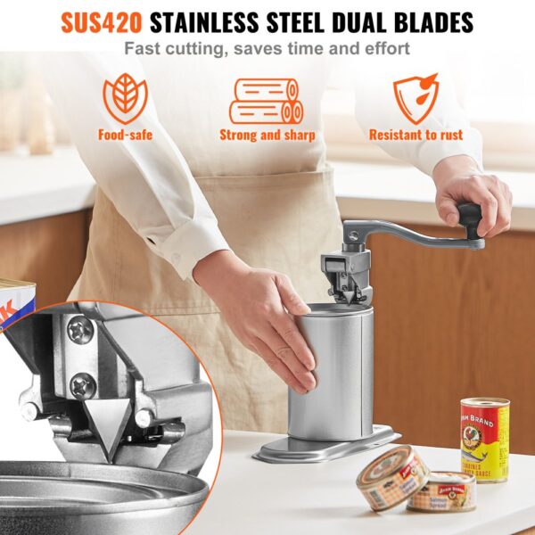 person using VEVOR commercial can opener with stainless steel dual blades, surrounded by cans.