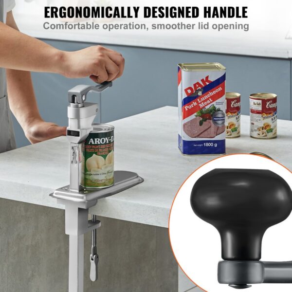 person using VEVOR commercial can opener on a countertop, with various canned foods nearby.
