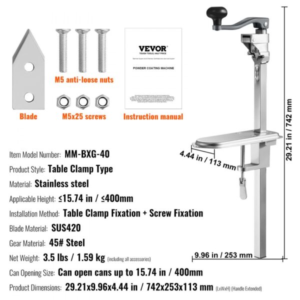 VEVOR commercial can opener, table clamp type, stainless steel, 29.21x9.96x4.44 in, includes screws and blade.