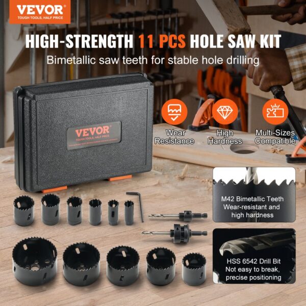 VEVOR hole saw kit with 11 bimetallic pieces, m42 teeth, hss 6542 drill bit in a durable case.