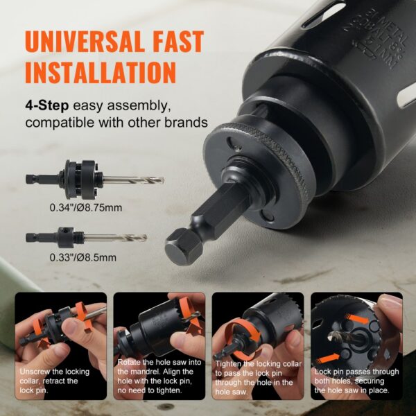 VEVOR hole saw kit with universal fast installation, showcasing step-by-step assembly instructions.