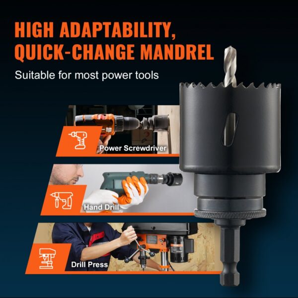 high adaptability, quick-change mandrel for VEVOR hole saw kit, suitable for power screwdriver, hand drill, and drill press.