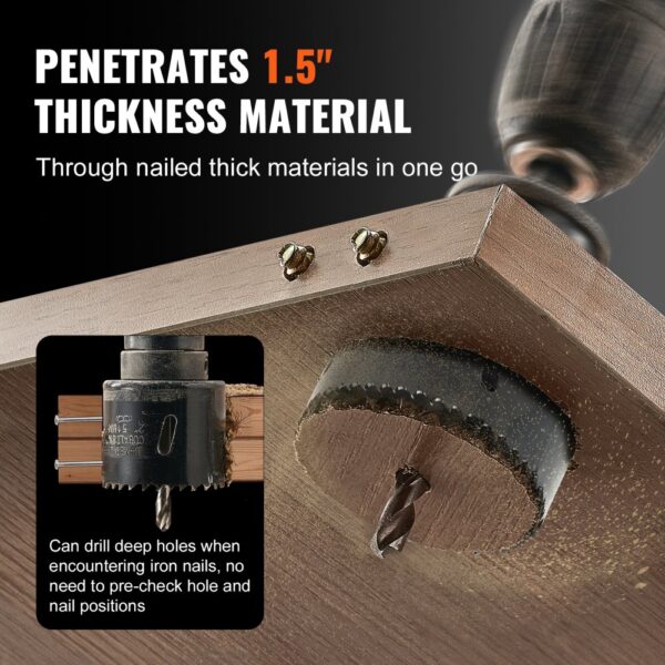 VEVOR hole saw kit easily drills through 1.5 inch thick wooden material with nails, no pre-check needed.