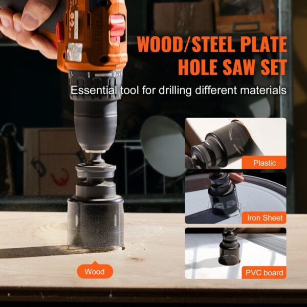 VEVOR hole saw kit drilling through wood, plastic, iron sheet, and pvc board with a power drill.