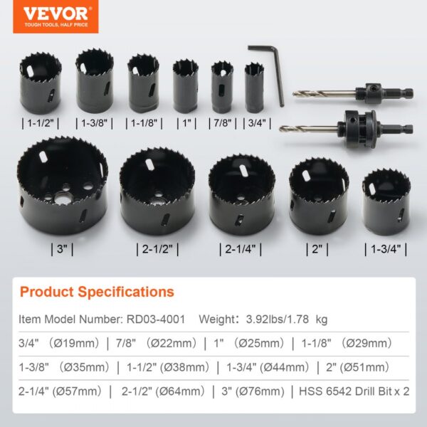 VEVOR hole saw kit with various size saw bits and accessories displayed alongside product specifications.