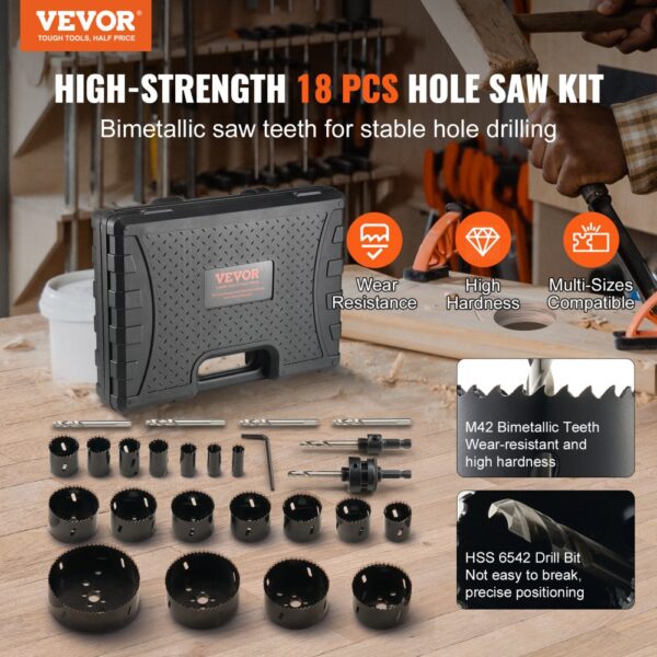 VEVOR hole saw kit on a workshop table with 18 pcs, wear-resistant bimetallic teeth, and drill bits.