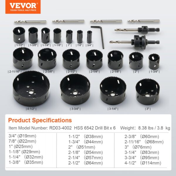 VEVOR hole saw kit with various sizes, drill bits, and accessories for drilling precision.