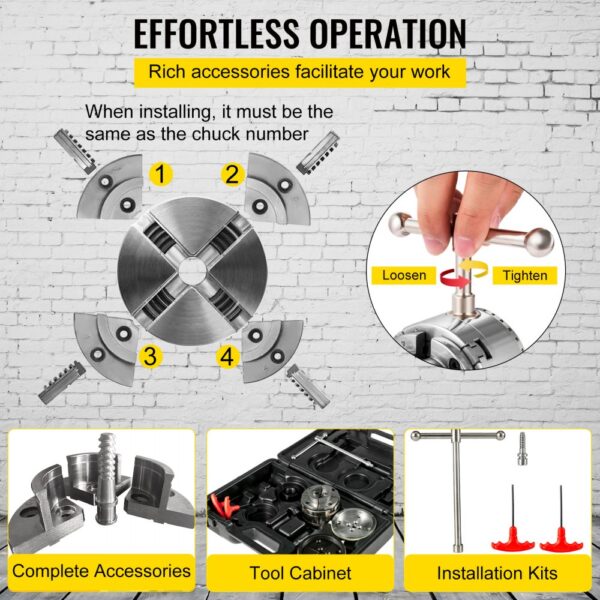 VEVOR Lathe Chuck 4-inch Woodturning Chuck 4 Jaws 1inch x 8TPI Thread Lathe Chucks Set Nova Lathe Chuck Wood Lathe Bowl Chuck with Set of Quality Accessories and A Case for Woodworking