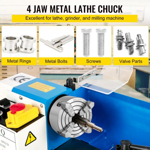 VEVOR lathe chuck with metal rings, bolts, screws, and valve parts for machines.