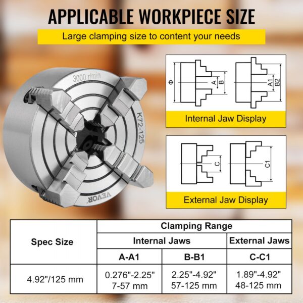 VEVOR lathe chuck with internal and external jaw dimensions for various workpiece sizes.