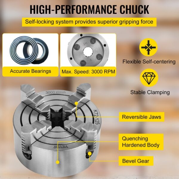 VEVOR lathe chuck with self-locking system, accurate bearings, and reversible jaws.