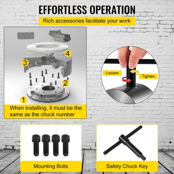 effortless operation of VEVOR lathe chuck with mounting bolts and safety chuck key.