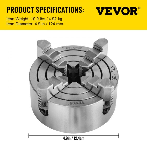 VEVOR lathe chuck showing 4-jaw design, weighs 10.9 lbs, 4.9 in diameter.