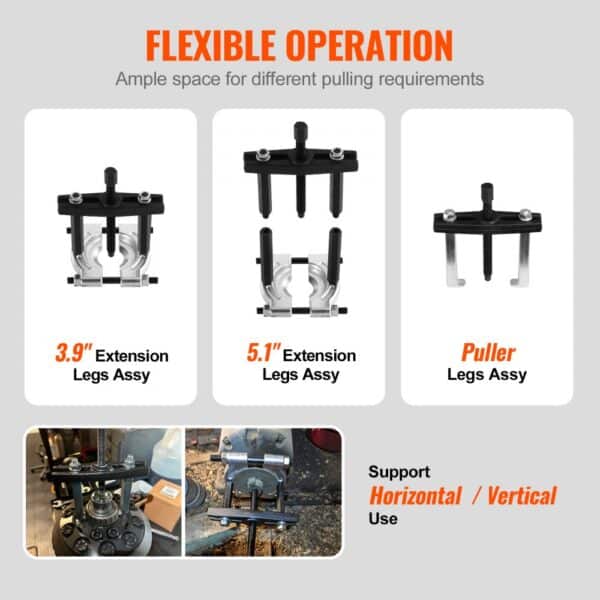 VEVOR bearing puller kit with 3.9", 5.1" extension legs and puller assembly for horizontal/vertical use.