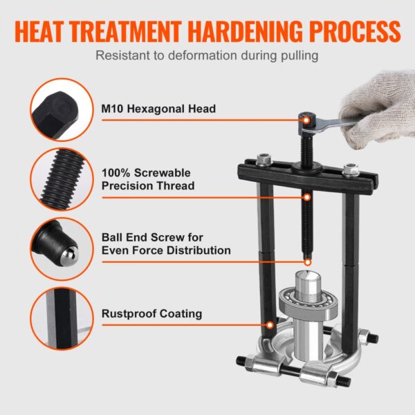 VEVOR bearing puller kit with heat treatment hardening, screwable thread, rustproof coating, ball end screw.