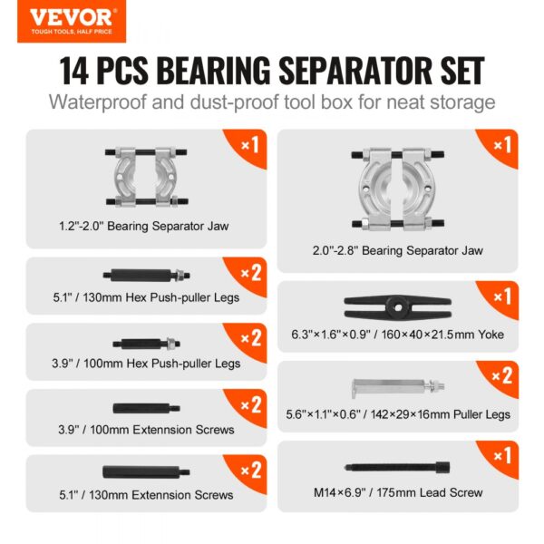 VEVOR bearing puller kit, 14 pcs set including separator jaws, hex push-puller legs, yoke, and lead screw.