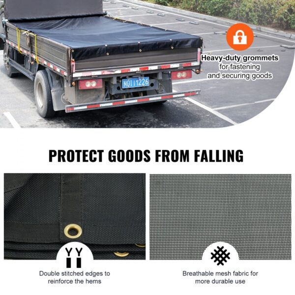 VEVOR dump truck mesh tarp with heavy-duty grommets protecting goods and breathable mesh fabric.