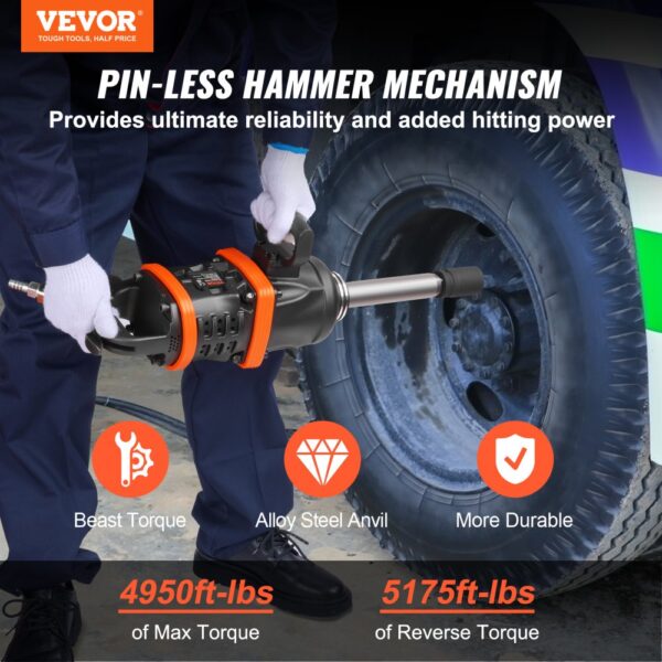 VEVOR air impact wrench in use, showing pin-less hammer, torque ratings, and durable construction.