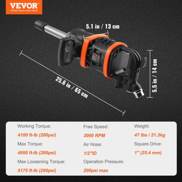 VEVOR air impact wrench with 3000 rpm, 4950 ft-lb max torque, and 25.6 in length.