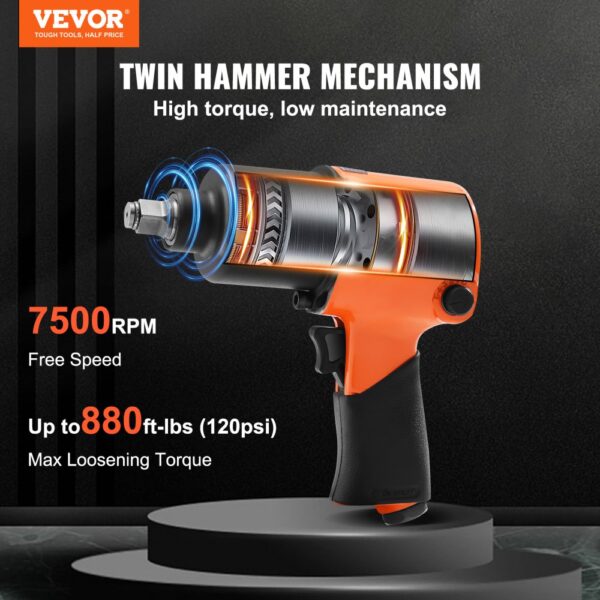 VEVOR air impact wrench with twin hammer mechanism, 7500 rpm, and up to 880 ft-lbs max torque.