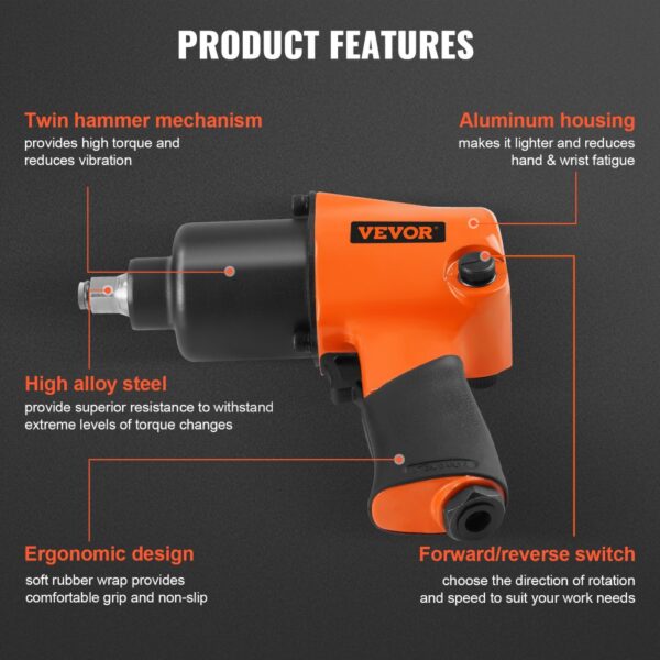 VEVOR air impact wrench with ergonomic design, twin hammer mechanism, aluminum housing, and high alloy steel.