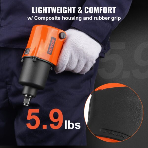 VEVOR air impact wrench in hand with composite housing and rubber grip, weighing 5.9 lbs.