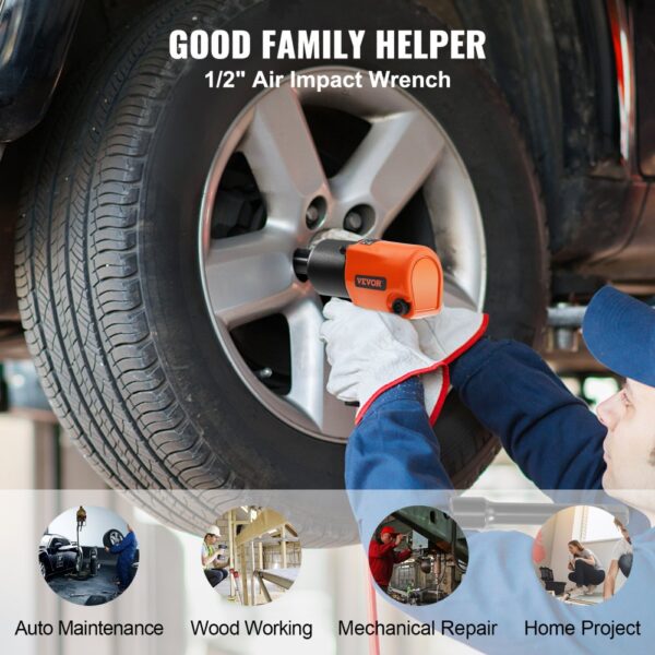 mechanic using VEVOR air impact wrench on car tire; ideal for auto maintenance, woodworking, and home projects.