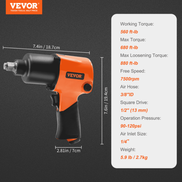 VEVOR air impact wrench black and orange tool with dimensions and specifications on grey background.