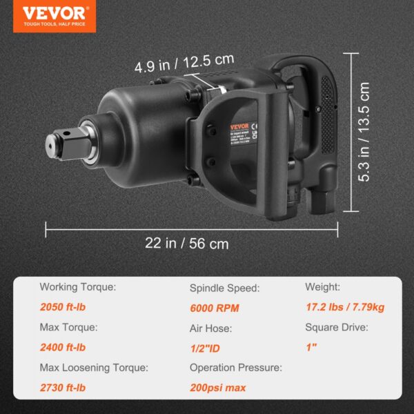 VEVOR 1 Inch Air Impact Wrench, Up to 2730 ft-lbs Reverse Torque Output 1" Pneumatic Impact Gun Lightweight w/ 2 Handles for Heavy Duty Repairs and Maintenance