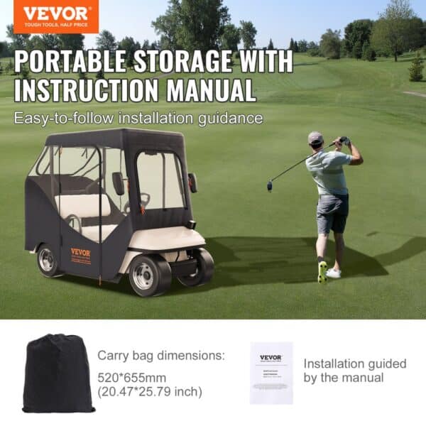 VEVOR golf cart enclosure with carry bag, easy installation, golfer swinging on green course