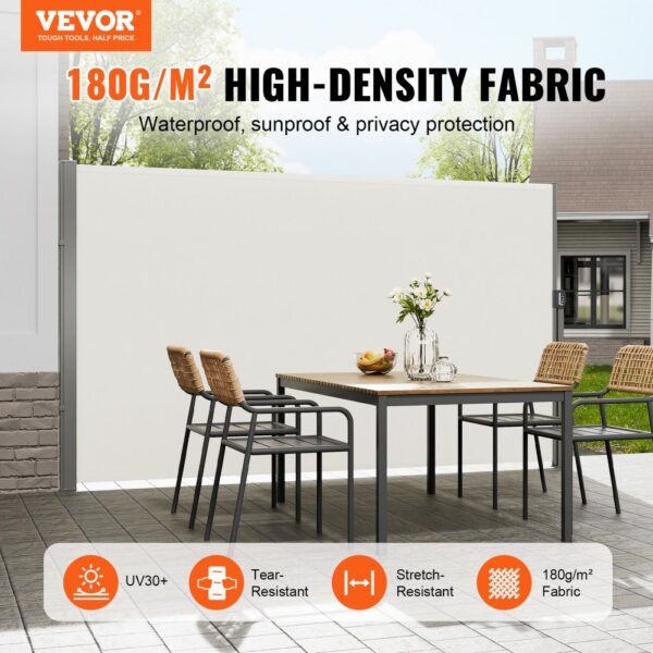 VEVOR retractable side awning, 180g/m² high-density fabric, waterproof, sunproof, privacy protection.