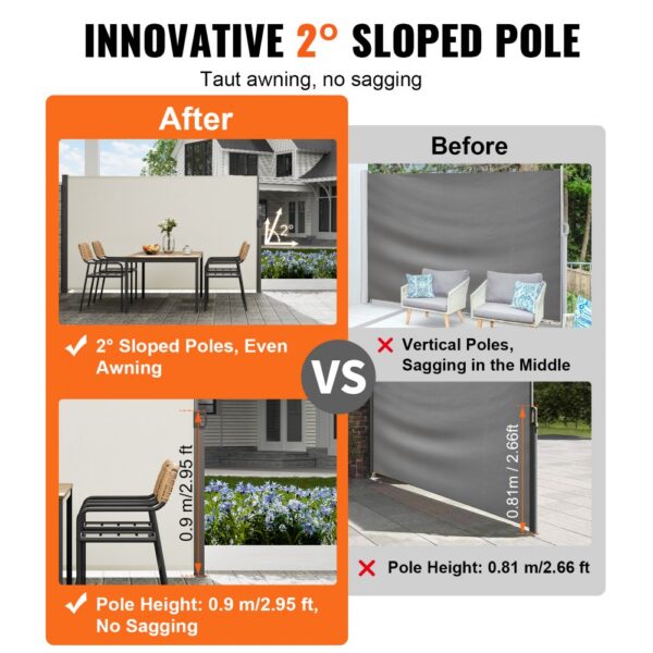 innovative 2° sloped poles prevent sagging, ensuring a taut VEVOR retractable side awning, better than vertical poles.