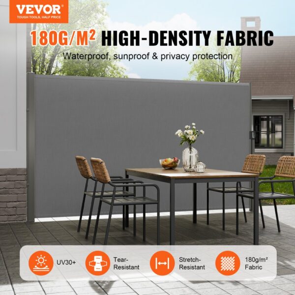 VEVOR retractable patio screen with high-density fabric, providing waterproof, sunproof, and privacy protection.