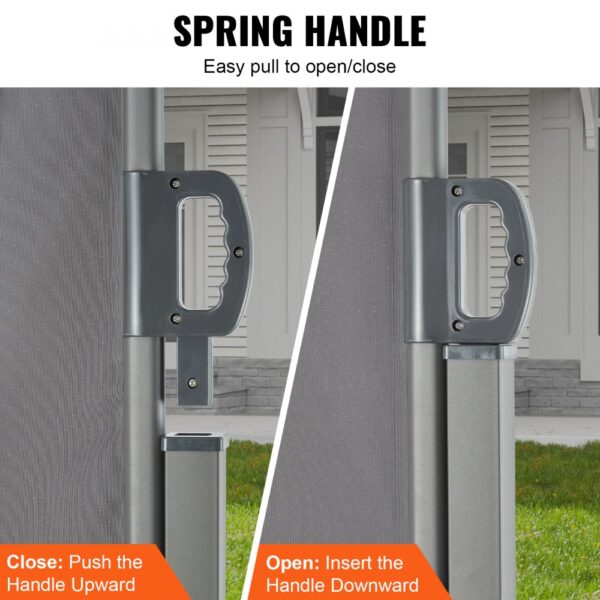 VEVOR retractable patio screen with spring handle, showcasing open and close instructions.