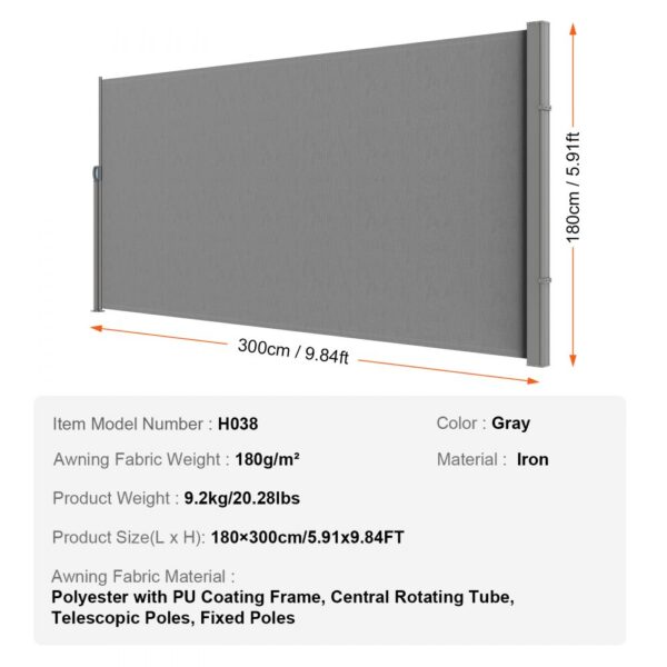 gray VEVOR retractable patio screen, 300cm width, 180cm height, iron frame, polyester fabric.