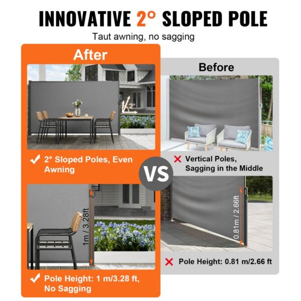 VEVOR retractable side awning showing 2° sloped poles vs vertical poles comparison.