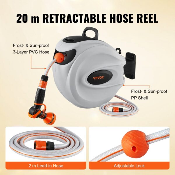 VEVOR Retractable Hose Reel Water Hose Reel 65.6'x1/2" 180° Swivel Wall-Mounted