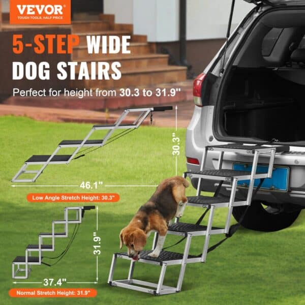 VEVOR dog stairs, 5-step wide ladder for easy car access, adjustable height 30.3 to 31.9 inches.