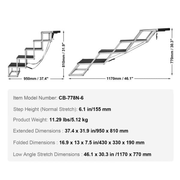 VEVOR dog stairs - dimensions, model cb-778n-6, extended 37.4x31.9 in, folded 16.9x13x7.5 in.