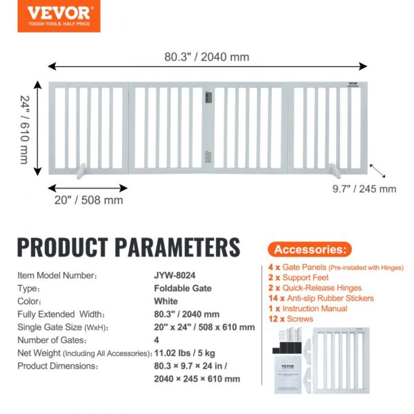 VEVOR freestanding dog gate, white, 4 panels, foldable, 80.3"x9.7"x24". includes support feet, hinges, screws.