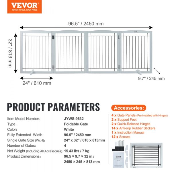 VEVOR Free Standing Dog Gate 32x96.5 inch Freestanding Pet Gate Foldable White