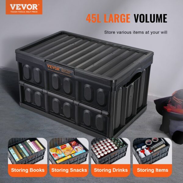 VEVOR collapsible storage bins, 45l volume, ideal for storing books, snacks, drinks, and other items.